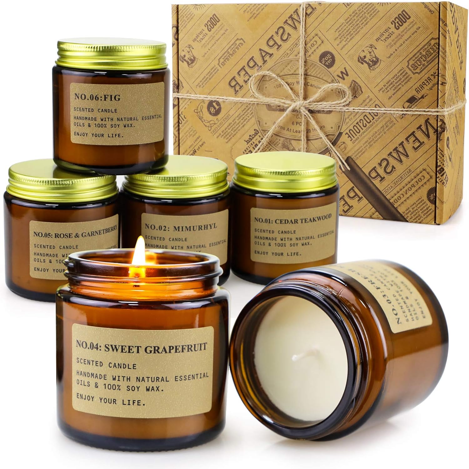 6 Pack Scented Aromatherapy Candle Gift Set, Amber Jar Candles